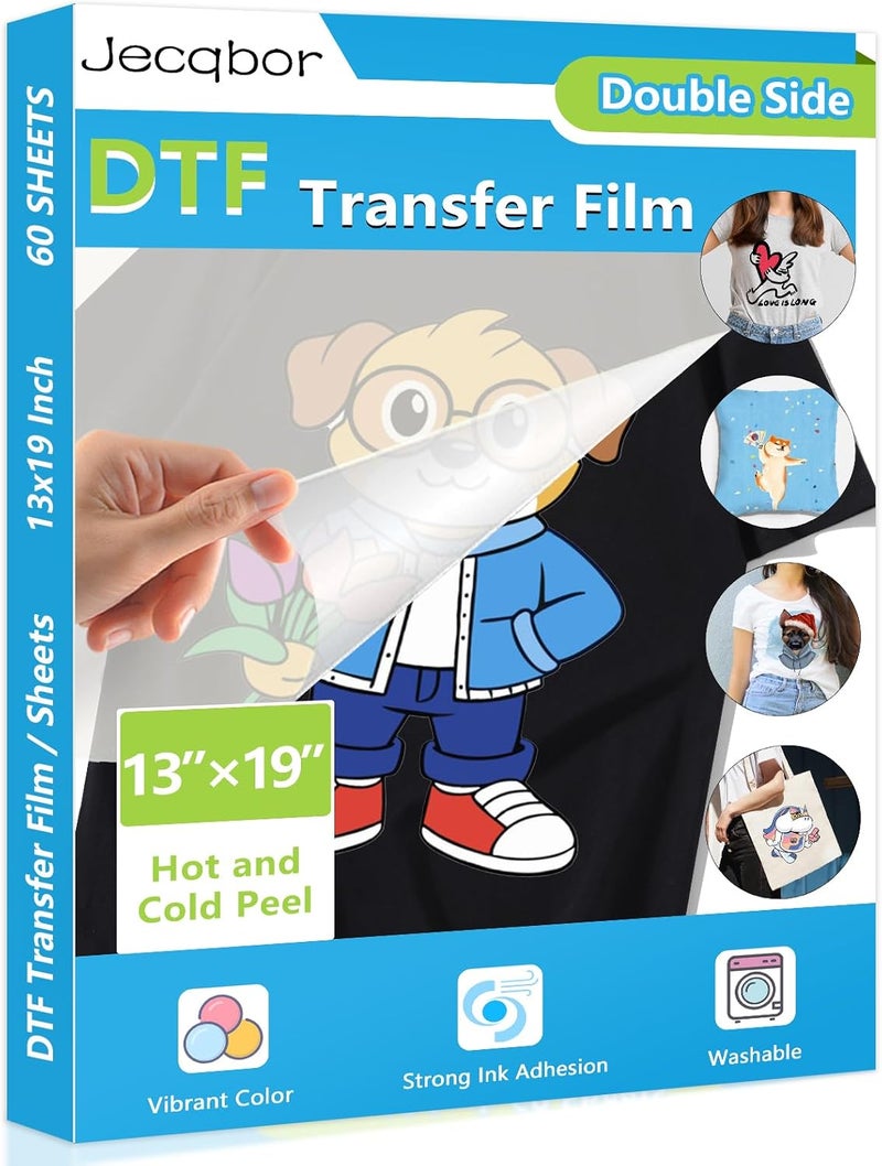 Jecqbor DTF Transfer Film 13x19 Inch, A3 Plus Double-Sided Matte Clear PET Paper 60 Sheets, DTF Paper for Sublimation Hack, Direct Print on for All Fabric and Colors T-Shirts Textile - Image 1